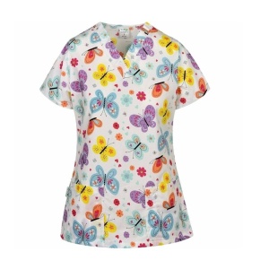 Bluza medicala alba cu fluturi si floricele
