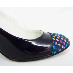 Pantofi dama eleganti din piele naturala negri/bleumain cu buline