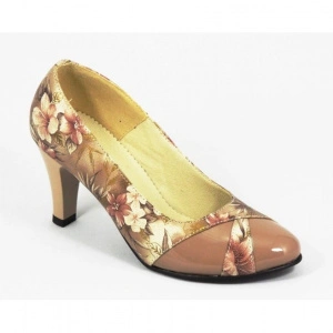 Pantofi stiletto dama eleganti din piele naturala bej cu imprimeu floral cod P326