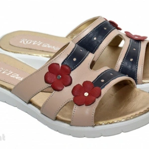 Papuci dama piele naturala crem cu floricele cod PP12