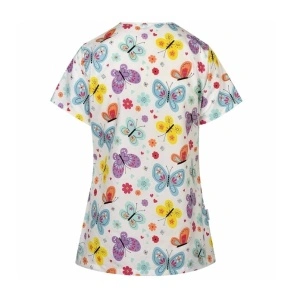 Bluza medicala alba cu fluturi si floricele