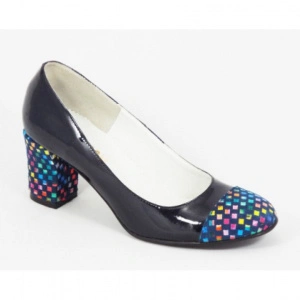 Pantofi dama eleganti din piele naturala negri/bleumain cu buline cod P317