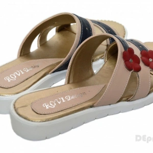 Papuci dama piele naturala crem cu floricele