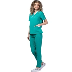 Costum medical Onyx dama - verde cu paspol alb