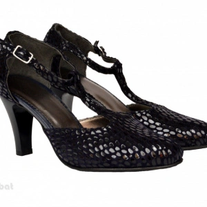 Pantofi dama negri cu toc aplicat din piele naturala cod P346