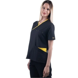Costum medical Onyx dama - negru cu paspol galben