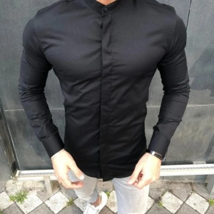 Camasa Neagra Slim Fit stil tunica cu nasturi ascunsi S, M, L, XL - Camasa neagra barbati fara guler | ZR83