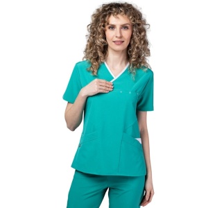 Costum medical Onyx dama - verde cu paspol alb