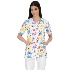 Halat medical alb cu fluturi si flori - cu capse