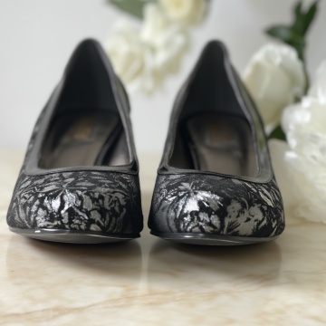 Pantofi Damă Flori Argintii Toc 6,5 cm 