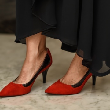 Pantofi stiletto dama eleganti din piele naturala rosii velur cod P302 - Img 1
