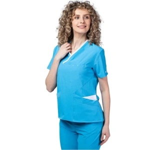 Costum medical Onyx dama - turcoaz cu paspol alb