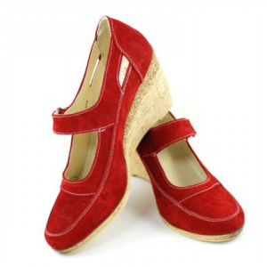 Pantofi dama piele naturala velur rosii cu platforma