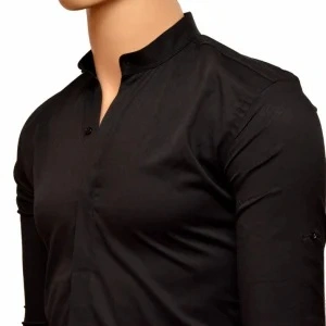Camasa Neagra Slim Fit stil tunica cu nasturi ascunsi S, M, L, XL