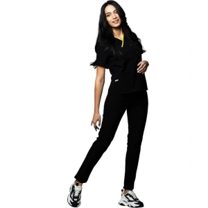 Costum medical Onyx dama - negru cu paspol galben