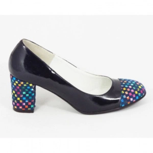 Pantofi dama eleganti din piele naturala negri/bleumain cu buline