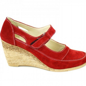 Pantofi dama piele naturala velur rosii cu platforma