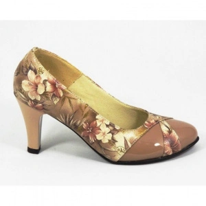Pantofi stiletto dama eleganti din piele naturala bej cu imprimeu floral