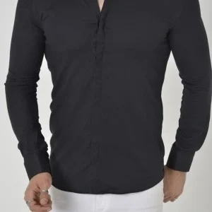 Camasa Neagra Slim Fit stil tunica cu nasturi ascunsi S, M, L, XL