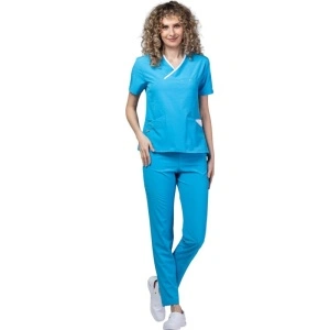 Costum medical Onyx dama - turcoaz cu paspol alb