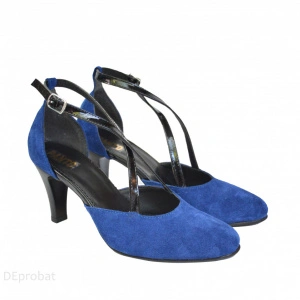 Pantofi albastru regal velur dama cu toc aplicat din piele naturala cod P372