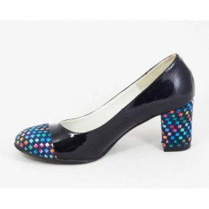 Pantofi dama eleganti din piele naturala negri/bleumain cu buline