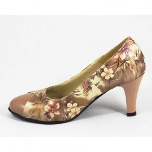Pantofi stiletto dama eleganti din piele naturala bej cu imprimeu floral