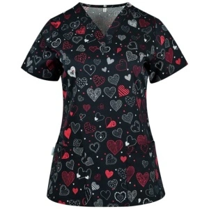Bluza medicala negru cu inimioare rosii