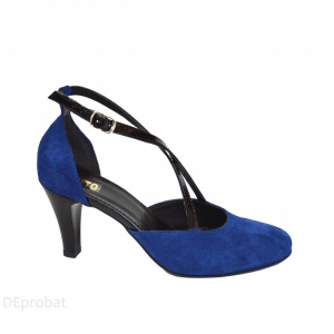 Pantofi albastru regal velur dama cu toc aplicat din piele naturala cod P372 - Img 2