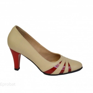 Pantofi bej cu rosu dama eleganti din piele naturala