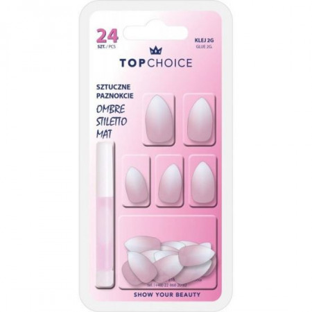 Set 24 unghii artificiale mate cu adeziv Ombre Stiletto Pink Almond Top Choice 78194