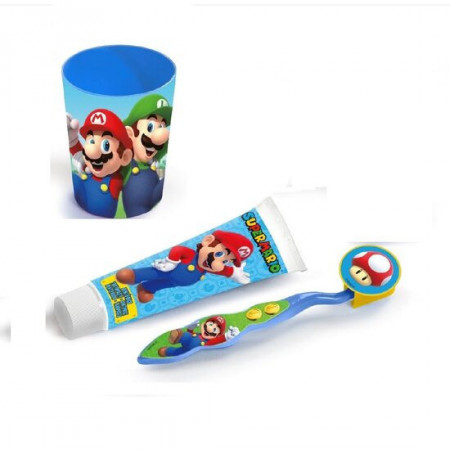 Set pahar pasta de dinti periuta si etui pentru ingrijire dentara Super Mario pentru copii 1805