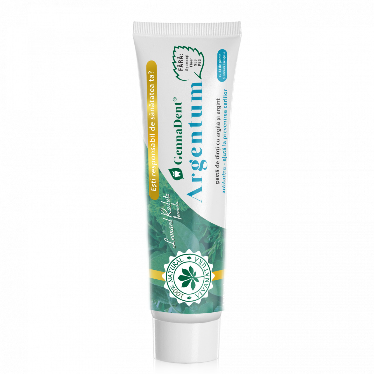 GennaDent Argentum - pasta de dinti naturala 100% cu argila si argint, fara fluor, 150 ml - Leonard Radutz formula - VivaNatura