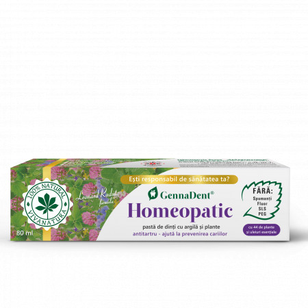GennaDent Homeopatic - pasta de dinti naturala 100% cu argila si plante, fara fluor, 80 ml - Leonard Radutz formula - VivaNatura