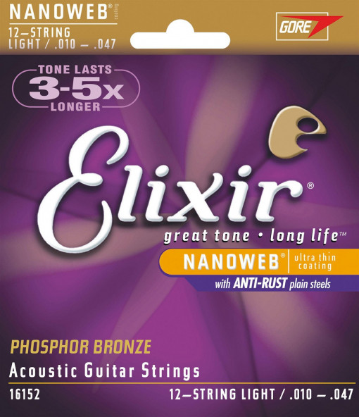 Elixir Nanoweb Ph/Bronze 10-47 - Set corzi chitara acustica cu 12 corzi