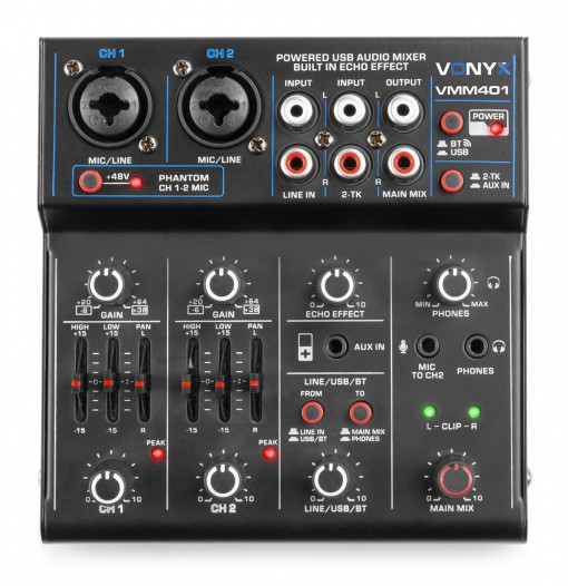 Vonyx VMM401 Mixer audio cu 4 canale, USB/Bluetooth