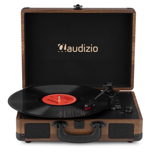 Audizio RP116W – Pick-up Bluetooth valiză, 3 viteze, conversie USB, difuzoare stereo, maro lemn