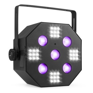 Beamz MULTIACE2 – Efect de lumină 2-în-1 RGB-UV și stroboscop LED cu mod DMX, sunet și telecomandă IR - Img 2