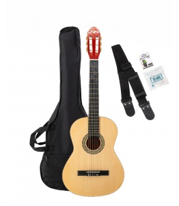 El Nino by Flame Pro Classic Natur – Chitară clasică 4/4 pentru începători + husă, tuner și corzi incluse