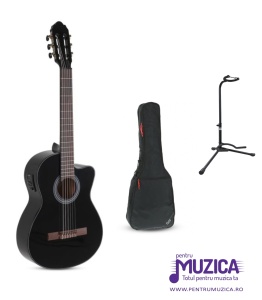 Set Chitară Electro-Clasică Gewa Student Black 4/4 + Husă GewaPure Turtle 103 + Stativ Chitară