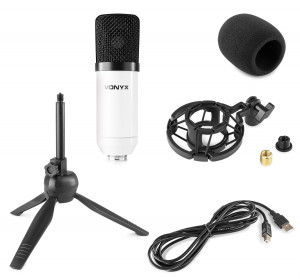 Vonyx CM300W Microfon de studio, condensator si filtru pop, USB, alb - Img 4