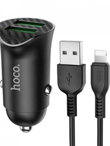 Incarcator telefon auto Hoco Z39 -2 porturi USB-A, QC 3.0, 18W, 3A cu cablu inclus USB-A to Lightning 1.0m Negru