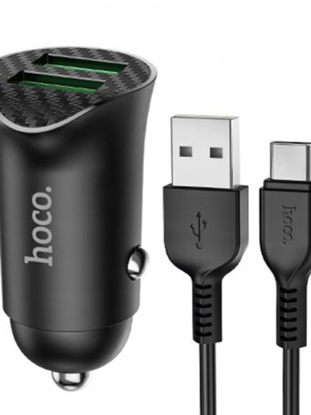 Incarcator telefon auto Hoco Z39 -2 porturi USB-A, QC 3.0, 18W, 3A cu cablu USB-A to USB Type-C 1.0m Negru
