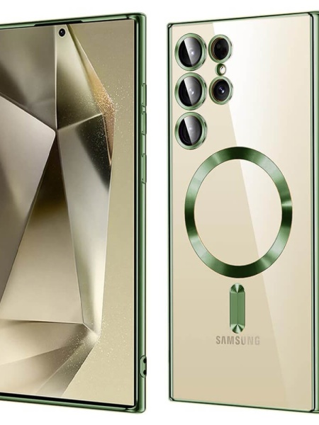 Husa Samsung Galaxy S24 Ultra Magsafe Luxury Crystal transparenta cu detalii verzi
