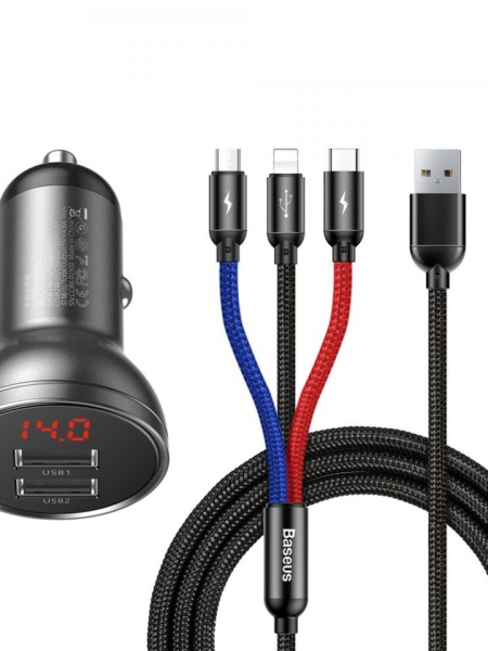 Incarcator auto Baseus Display digital 2xUSB-A, 24W + cablu USB to Type-C / Lightning / Micro-USB inclus