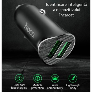 Incarcator telefon auto Hoco Z39 -2 porturi USB-A, QC 3.0, 18W, 3A cu cablu inclus USB-A to Micro USB 1.0m Negru - Img 6