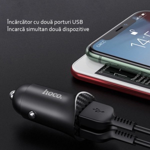 Incarcator telefon auto Hoco Z39 -2 porturi USB-A, QC 3.0, 18W, 3A cu cablu inclus USB-A to Lightning 1.0m Negru - Img 8