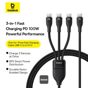 Cablu de date USB tip C , USB-C la 3x Type-C , fast charge PD100W, 480Mbps, 1.5m Baseus - Img 3