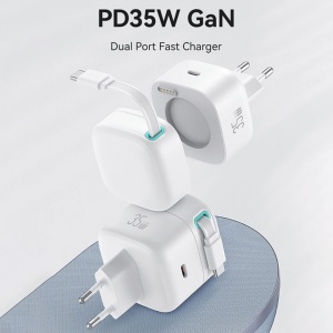 Incarcator priza USB tip C GaN Fast Charging 35W + cablu retractabil type C 80cm alb Usams - Img 4