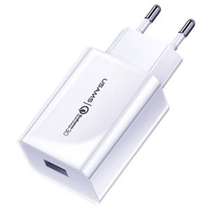 Incarcator telefon priza Usams T22 18W, 3A, 1xUSB-A QC 3.0 alb - Img 1